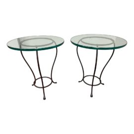 Late 20th Century Round Glass Top + Iron Base Side Tables - a Pair