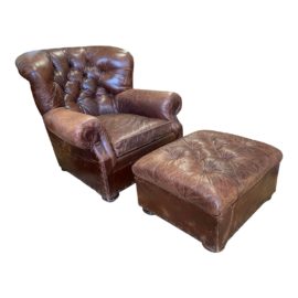 Restoration Hardware Mitchell Gold Churchill Leather Chair + Ottoman