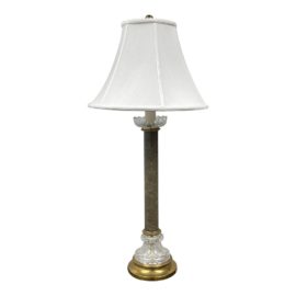 Mid 20th Century Neo Classical Taupe Stone Crystal + Brass Table Lamp