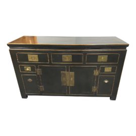 Late 20th Century Asian Influenced Black Lacquered Elm + Oiled Brass Sideboard