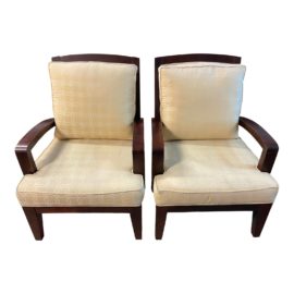 Bassett Furniture Champagne Trellis + Wood Deville Arm Chairs - a Pair