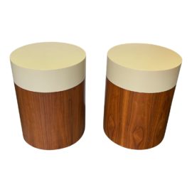 Contemporary Walnut + Grey Laminate Round Side Tables - a Pair
