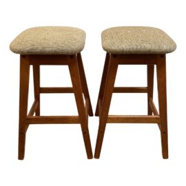 Danish Modern Vamdrup Stolefabrik Teak + Linen Counter Stool - a Pair