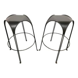 Maurizio Tempestini Metal + Leather Bar Stools, a Pair