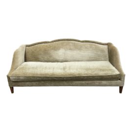 Custom Design Curved Fixed Back + Bench Seat Golden Moss Chenille Sofa. Original Price: $3,572