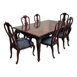 Queen Anne Style Inlay Extension Dining Table + Six Chairs Set. Original Price: $3,728