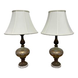 Mid 20th Century Brass, Glass + Marble Table Lamps - a Pair