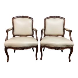 Vintage Style Pair of Faux Leather Fauteuil Arm Chairs