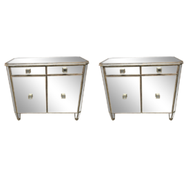 Pair of Hollywood Regency Gold Leaf + Mirrored Cabinets