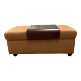 Ekornes Tan Suede Double Ottoman + Table. Original Price: $1,495