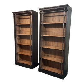 Pair of Pottery Barn Gavin Reclaimed Pine + Metal Bookcases. Original Price: $4,599