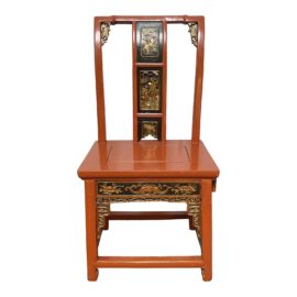 Antique Style Chinese Red Lacquer Gold Gilt Side Chair + Drawer