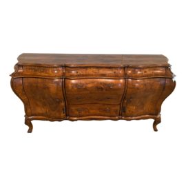 Post Modern French Provincial Style Brass + Burl Wood Inlaid Bombe Dresser