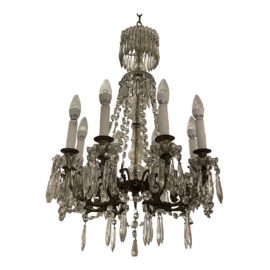 Mid 20th Century Bronze + Crystal Drop Chandelier