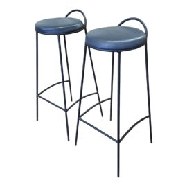 Late 20th Century Iron + Leather Barstool - a Pair