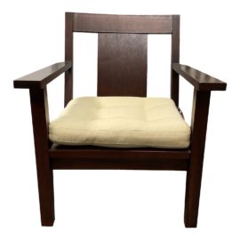 Arts & Crafts Style Dark Wood Finish Armchair + Cushion