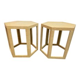 Sunrise Home Hexagon Rattan Side Tables + Glass, a Pair. Original Price: $1,696