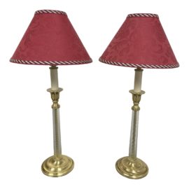 Laura Ashley Red Shade + Brass Table Lamps - a Pair