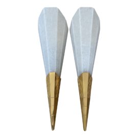 Art Deco Style Alabaster + Gold Finish Sconces, a Pair. Original Price: $9,500