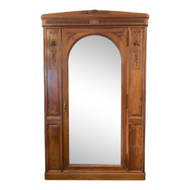 Antique Biedermeier Style Carved Oak Mirror Front Armoire