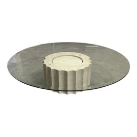 Post Modern Roche Bobois Travertine Base + Glass Coffee Table. Original Price: $1,200