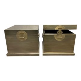 Brownstone Asian Influenced Square Metal Trunk - a Pair