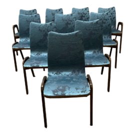 A. Rudin No. 852 Custom Designed Walnut + Blue Jacquard Dining Chairs, Set of Ten. Original Price: $28,700