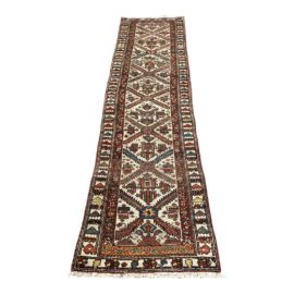 Antique Victorian Diamond Pattern Burgundy + Cream Persian Wool Runner - 2′6″ × 9′9″