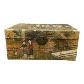 Antique Hand Painted Asian Scenery Trunk
