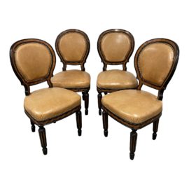 Vintage Leather Wood Inlay Silk Back Nailhead Trim Dining Chairs, Set of Four