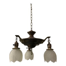 Victorian Three Glass Light Metal Chandelier