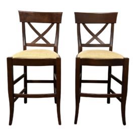 Contemporary "X" Back Wood + Upholstered Counter Stools , a Pair