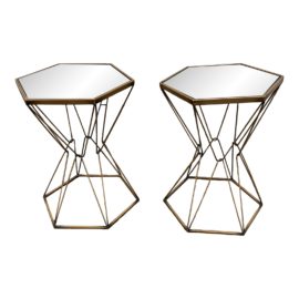 Hollywood Glamour Brass Mirrored Hexagonal Side Tables, a Pair