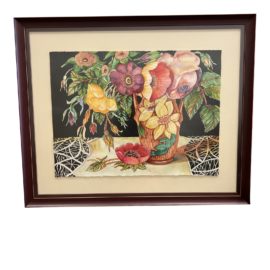 Lynn Guenard Vintage Vase + Roses Watercolor in Custom Framed