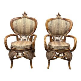 Vintage Hello Hobby Bamboo + Rattan Upholstered Arm Chairs