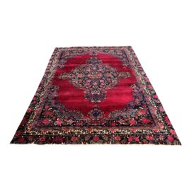 Vintage Traditional Persian Burgundy Navy Black Mashad Wool Rug - 6′11″ × 9′10″. Original Price: $1,200