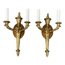 Maison Jansen Spanish Bronze Rams Heads 2-Light Wall Sconces - a Pair