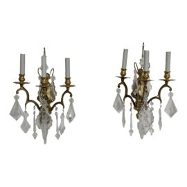 Italian Polished Brass + Crystal 3-Light Arm Wall Sconces - a Pair