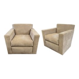 Contemporary Fawn Suede Swivel Chairs, a Pair
