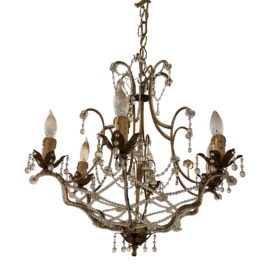 1970's French Six Light Crystal + Glass + Metal Chandelier