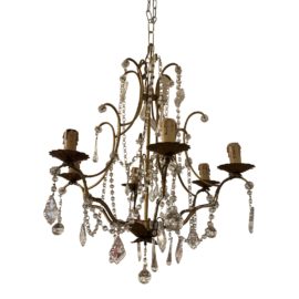 1970's French Six Light Crystal + Metal Chandelier
