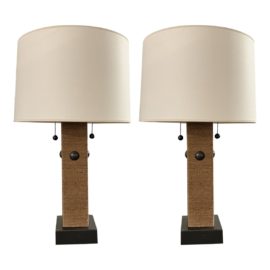 Visual Comfort Grasscloth Pillar Accent Table Lamps - a Pair