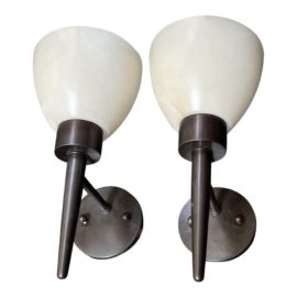 J. H. Lighting Custom Alabaster + Bronze Contemporary Sconces, a Pair. Original Price: $1,400