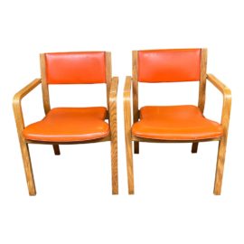 Vintage Thonet Orange Vinyl Armchairs - a Pair