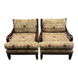 Bau Furniture Wood + Floral Fabric Arm Chairs - a Pair