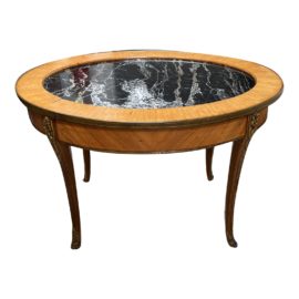 Antique Wood Oval Coffee Table + Black Marble Insert