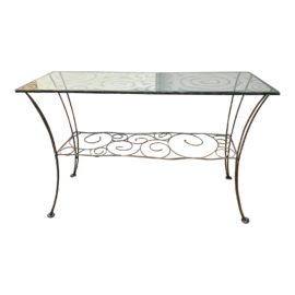 1990's Custom Design Etched Glass + Wrought Iron Console