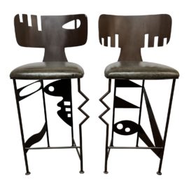 Custom Design Laser-Cut Steel + Leather Barstools, a Pair