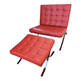 Ludwig Mies Van De Rohe Barcelona Style Red Leather Chair + Ottoman