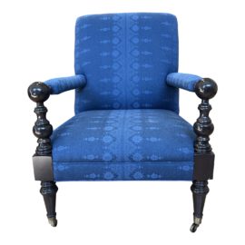 Custom Design Kay Chesterfield + Peter Dunhum Indigo Fabric Arm Chair. Original Price: $3,500